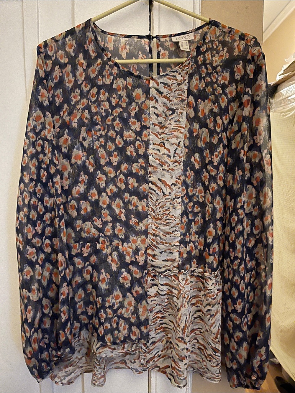 LOGO by Lori Goldstein Navy Floral-Print Long-Sleeve Blouse with Rust Accents